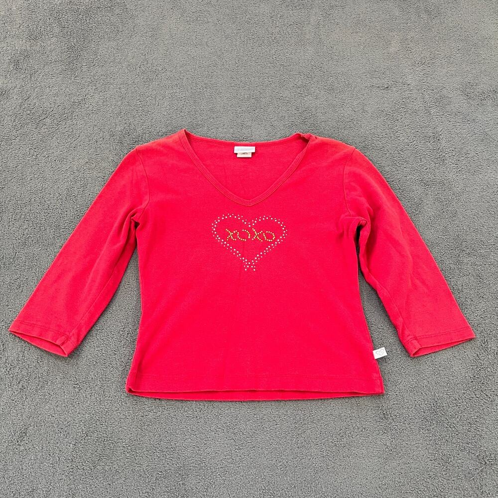 XOXO Essentials Red Rhinestone Heart V-Neck Long Sleeve Shirt Womens Size Medium